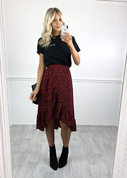 Red leopard print midi skirt: Animal print,  Church Outfit,  Casual Outfits,  Midi Skirt  