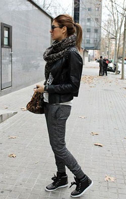 Black leather high tops womens: Leather jacket,  Sporty Outfits  
