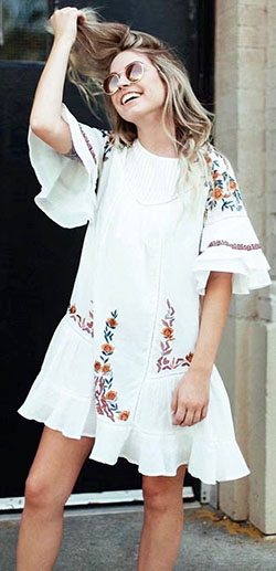 White cotton short embroidered dress with sleeve: Bridesmaid dress,  Sheath dress,  Bell sleeve,  Boho Dress,  Boho Outfit  