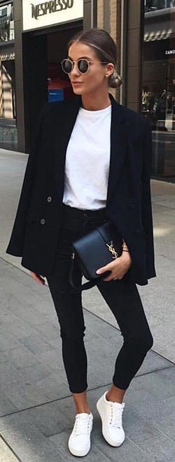 Sneakers and blazer woman, Casual wear: Slim-Fit Pants,  Business Outfits,  Casual Outfits,  Black Blazer  