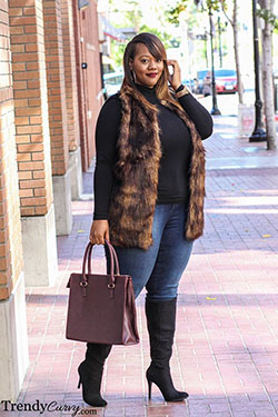 Style a fur vest plus size: Fur clothing,  Slim-Fit Pants,  Plus size outfit,  Plus-Size Model,  Fake fur  