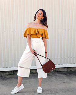 Off shoulder with square pants: Crop Pants Outfit,  Off Shoulder  