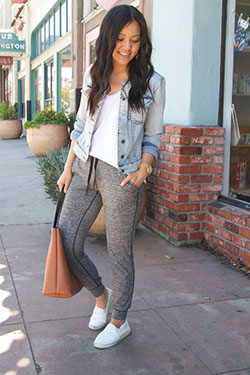 School Outfit With Grey Leggings: Jean jacket,  Legging Outfits  