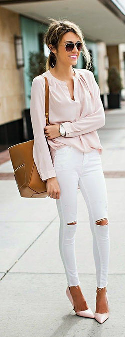 Pale pink shirt with white jeans: Slim-Fit Pants,  Spring Outfits,  Casual Outfits  