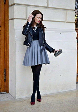 Explore more jacket with skirt, Leather Skater Skirt: Leather jacket,  Skater Skirt,  Skirt Outfits  