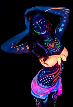 Sexy girl in glow in the dark outfit & Body painting: Glowing Fishnet Outfit,  Glow In Dark,  Neon Dress,  Glow In Night  