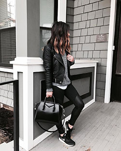 Leather jacket and leggings outfit: Leather jacket,  Leather clothing,  Yoga Outfits,  Black Leather Jacket  