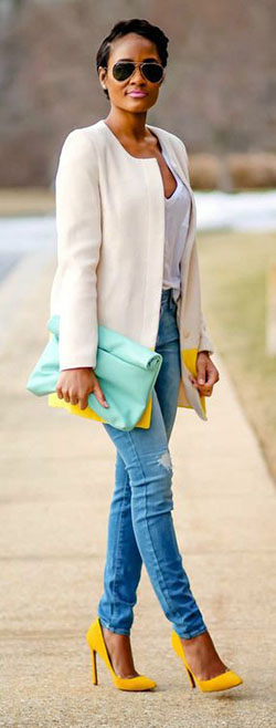 Yellow heels with jean, Casual wear: High-Heeled Shoe,  Street Style,  Casual Outfits,  Yellow Shoes  