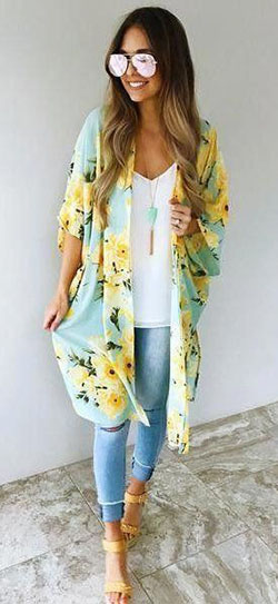 Cardigan outfits for summer, Casual wear: Slim-Fit Pants,  Grunge fashion,  Casual Outfits,  Floral Dresses  