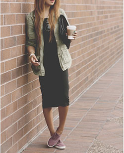 Black dress and utility jacket: Maxi dress,  Church Outfit,  Street Style,  Casual Outfits  