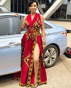 Ankara dress with slit, Maxi dress: Spaghetti strap,  African Dresses,  Aso ebi,  Maxi dress,  Ankara Dresses,  Casual Outfits,  V-Neck Belted Dress Outfits  