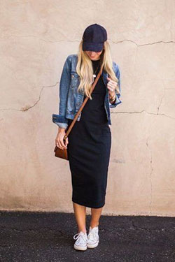 Black dress with denim jacket and sneakers: Jean jacket,  Sports shoes,  Baseball cap,  Casual Outfits,  Brunch Outfit  