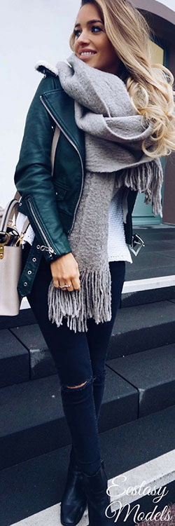 Green leather jacket womens outfit: winter outfits,  Leather jacket,  Slim-Fit Pants,  Sports shoes,  Scarves Outfits  