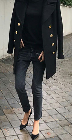 Balmain coat black women, Pea coat: Trench coat,  Pea coat,  Casual Outfits,  Flat Shoes Outfits,  Wool Coat  