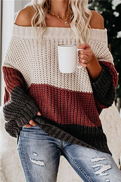 Off the shoulder color block sweater: Crew neck,  Casual Outfits,  Sweaters Outfit  