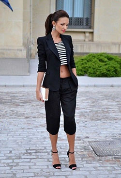 Fashion addict blazer dress hairstyles, Crop top: Crop top,  Capri pants,  Black Shorts,  Blazer,  Black Blazer  