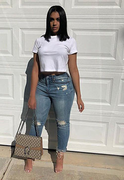 Pretty instagram outfits jeans, Casual wear: summer outfits,  Ripped Jeans,  Crop top,  Slim-Fit Pants,  Mom jeans,  Street Style,  Casual Outfits  