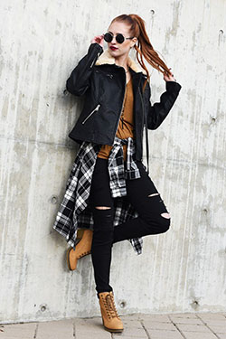 Leather jacket, High-heeled shoe: High-Heeled Shoe,  Leather jacket,  Street Style,  Tomboy Outfit  