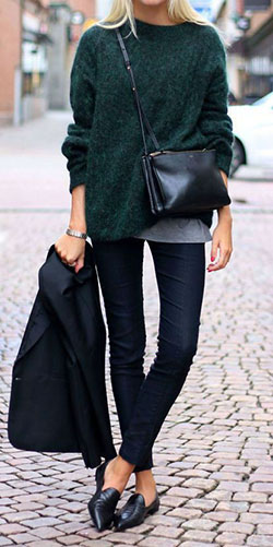 Dark green and black outfit: Slim-Fit Pants,  Boot Outfits,  Navy blue,  Casual Outfits,  Flat Shoes Outfits  