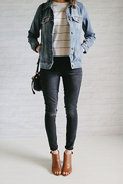 Faded black jeans outfit, Jean jacket: Jean jacket,  Slim-Fit Pants,  Chelsea boot,  Casual Outfits,  Jacket Outfits  