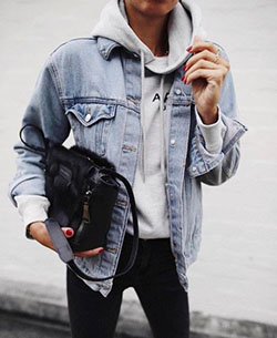 Jean jacket with hoodie, Jean jacket: Jean jacket,  Casual Outfits,  Jacket Outfits,  Hoodie,  Hoodie outfit  