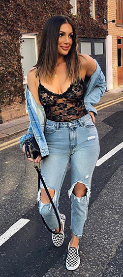 Lace bodysuit street style, Casual wear: Spaghetti strap,  Spring Outfits,  Casual Outfits,  Lace Outfits  