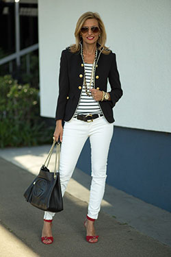 Navy blazer white jeans outfit: Navy blue,  Casual blazer,  Casual Outfits,  Military Jacket Outfits  