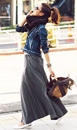 Style maxi skirt in winter: Jean jacket,  Long Skirt,  Skirt Outfits  