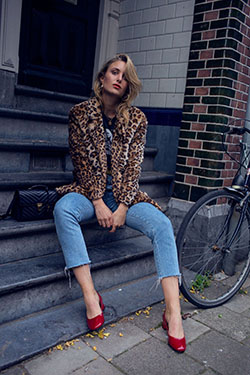 Leopard print and red shoes: High-Heeled Shoe,  Animal print,  Stiletto heel,  Jacket Outfits  