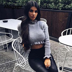 Grey ruffle crop jumper, Crop top: Crop top,  Polo neck,  Casual Outfits,  Sweaters Outfit  