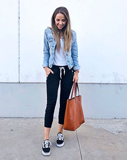 Jogger Outfit Ideas For Girls, Jean jacket, Denim skirt: Denim skirt,  Jean jacket,  Jogger Outfits  