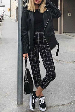 Black sneakers plaid pants, Casual wear: Leather jacket,  Slim-Fit Pants,  Casual Outfits,  Plaid Pants  