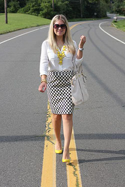Outfits With Yellow Shoes, Twinset Striped Skirt, Polka dot: Pencil skirt,  Michael Kors,  Yellow Shoes,  Stripe Skirt  