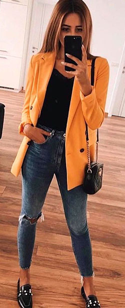 Explore yellow blazer outfit, Casual wear: Lapel pin,  Blazer Outfit,  Casual Friday,  Casual Outfits  