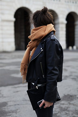 Leather jacket and scarf outfit: winter outfits,  Leather jacket,  Slim-Fit Pants,  Scarves Outfits  