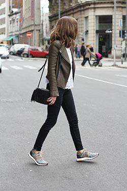 Cute bowling date outfits, Leather jacket: Leather jacket,  Smart casual,  Sneakers Outfit,  Street Style,  Casual Outfits  