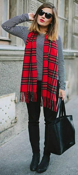 Red plaid scarf outfit, Casual wear: winter outfits,  Slim-Fit Pants,  instafashion,  Scarves Outfits  