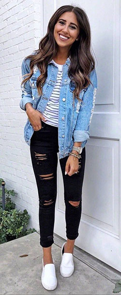 Find great tips on casual outfits, Casual wear: Ripped Jeans,  Jean jacket,  Casual Outfits,  Jacket Outfits  