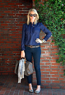 I love everything about this outfit! navy jeans outfit, Slim-fit pants: Jean jacket,  Slim-Fit Pants,  Business casual,  Navy blue,  Casual Outfits,  Flat Shoes Outfits  
