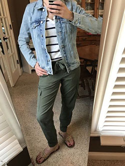 Green pants with blue striped shirt: Jean jacket,  shirts,  Casual Outfits,  Jacket Outfits  
