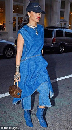Look for the best new rihanna denim dress, Denim skirt: Denim skirt,  Baseball cap,  Rihanna Style  