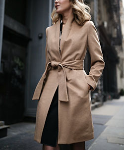 Sheath dress with long coat: Sheath dress,  Trench coat,  Office Outfit,  Polo coat,  Wool Coat,  beige coat,  Winter Coat  