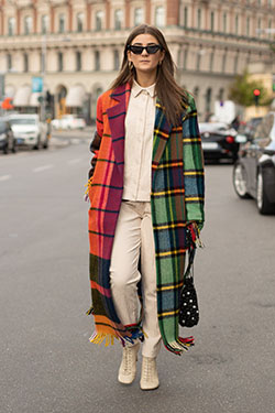 Check color blocking long coat: Casual Outfits,  Trench coat  