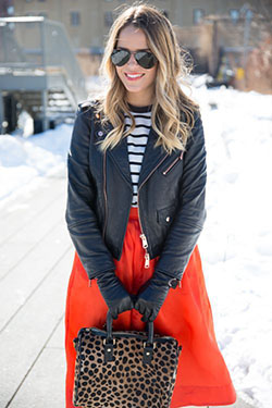Stylish Winter Red Skirt Outfit: Leather jacket,  Skirt Outfits,  Artificial leather  