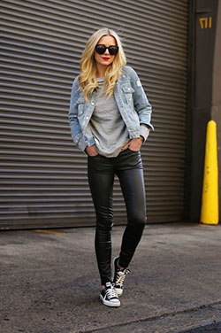 Nice suggestions for jeansjacke und leggings, Leather jacket: Jean jacket,  Leather Pant Outfits  