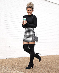 Classy thanksgiving outfits for women: Polo neck,  Over-The-Knee Boot,  Boot Outfits,  Skirt Outfits  