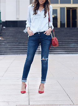 Outfits With Red Shoes, Dress shirt, Mom jeans: shirts,  Mom jeans,  Ann Taylor,  Red Shoes Outfits  