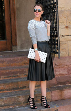 Faux leather midi skirt outfit: Petite size,  Skirt Outfits,  Fashion week,  Swing skirt  