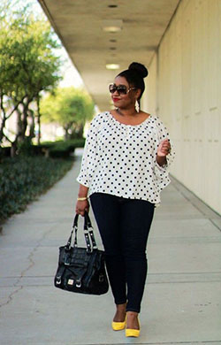 Casual plus size spring outfits: Slim-Fit Pants,  Plus size outfit,  Business casual,  Polka dot,  Maxi dress,  Casual Outfits,  Yellow Shoes  
