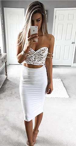 Lace crop top and pencil skirt: Backless dress,  Spaghetti strap,  See-Through Clothing,  Pencil skirt,  Formal wear,  White Party Dresses  